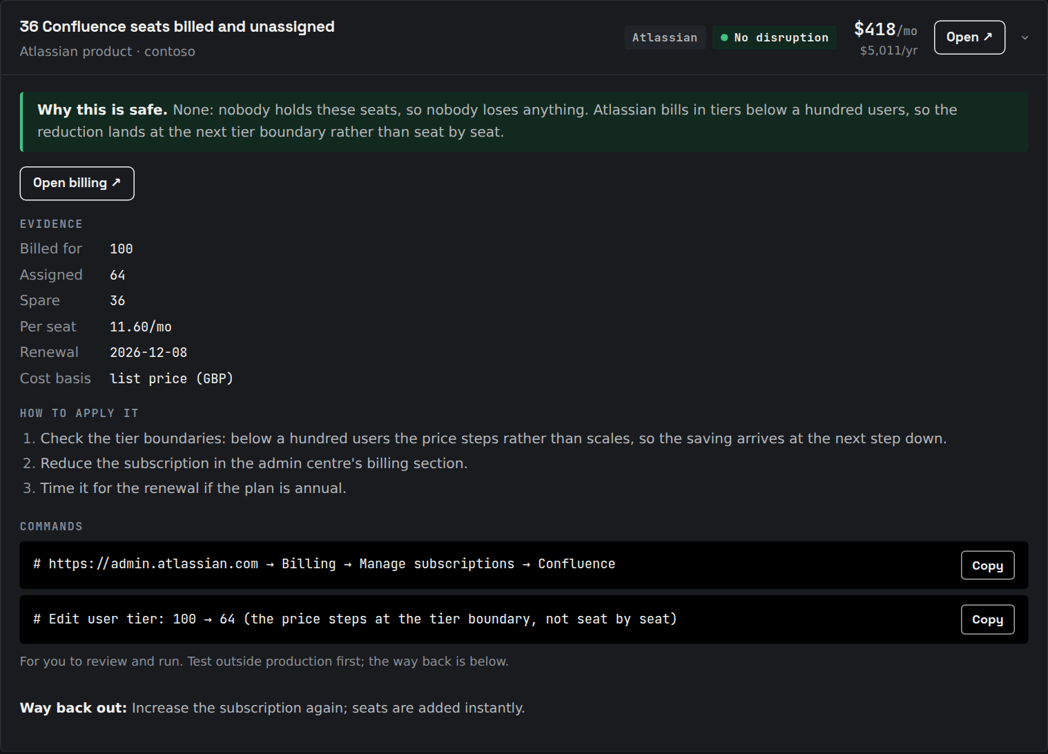 One finding expanded: why it is safe, portal links, evidence, steps, the command with a copy button, and the way back out