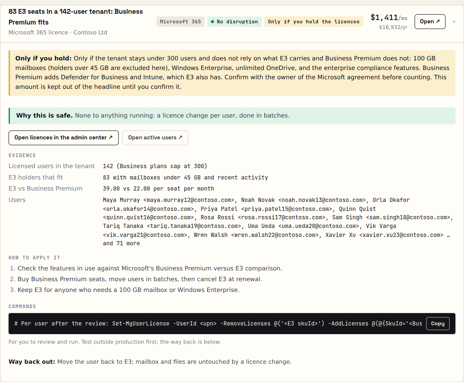 One finding expanded: why it is safe, portal links, evidence, steps, the command with a copy button, and the way back out